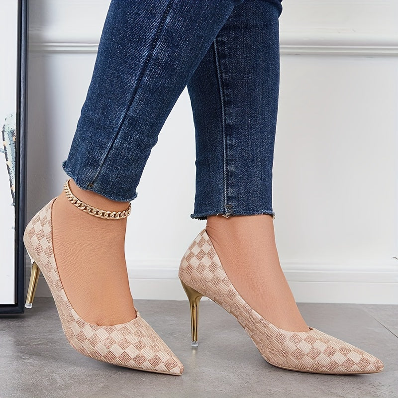 Checkered Pattern High Heels Sexy Slip On Stiletto Heels Dress Pumps
