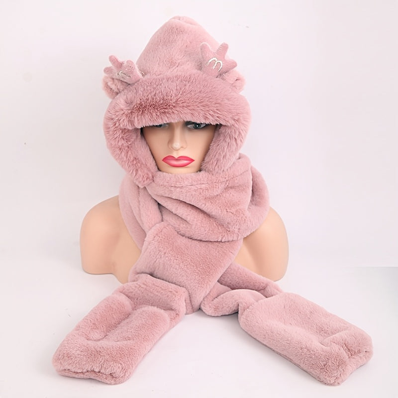 Christmas 3-In-1 Plush Animal Scarf Hat Mittens Set