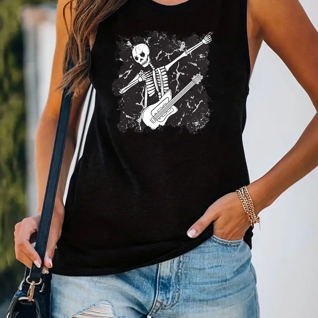 Skull Print Crew Neck Tank Top for Women