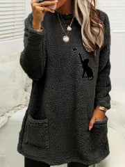 Cat Print Fuzzy Sweatshirt Crew Neck Long Sleeve With Pockets