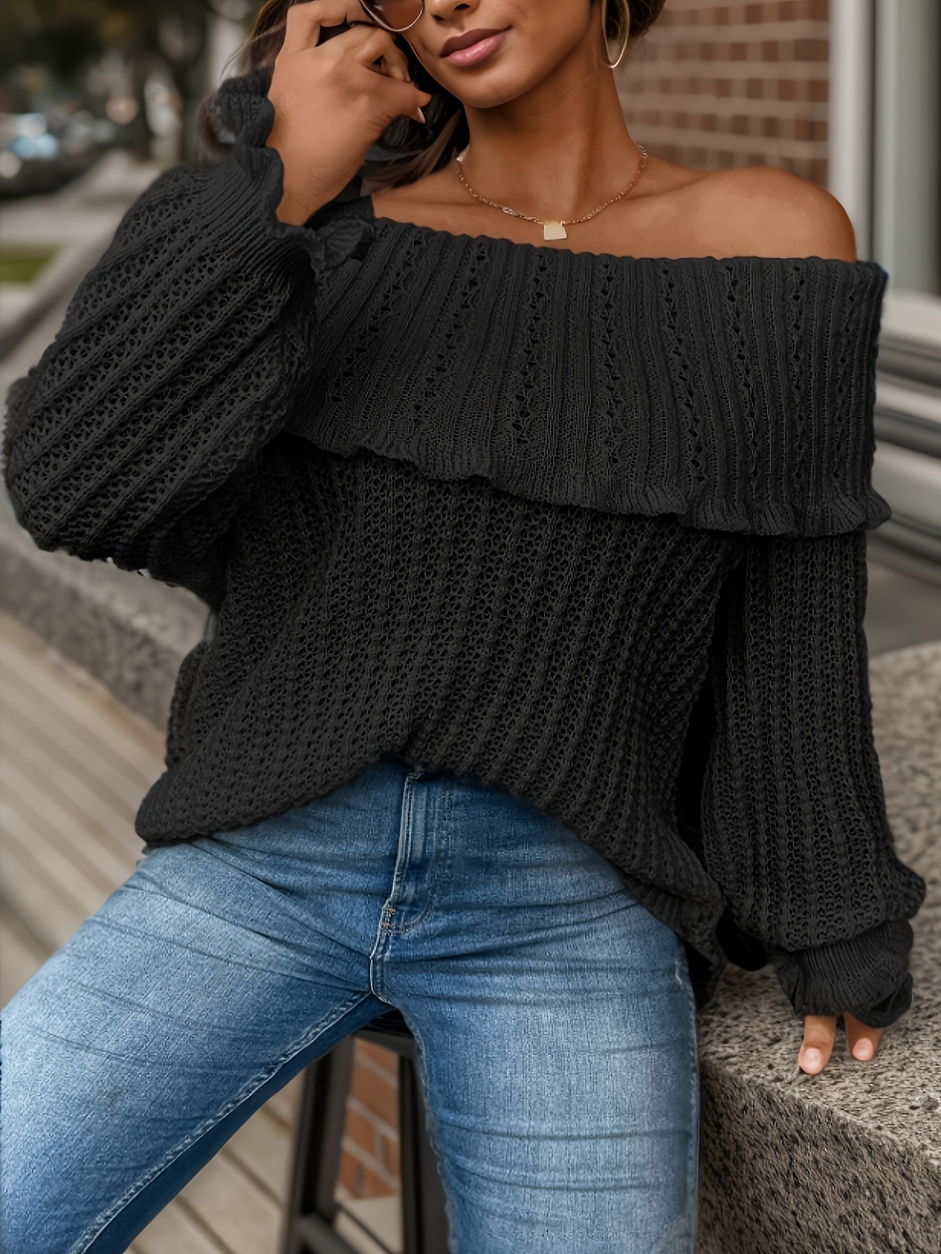 Casual Sweater Women's Solid Off Shoulder Layered Jum