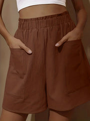 Boho Smocked Shorts Elastic High Waist Ruffle Trim with Pockets