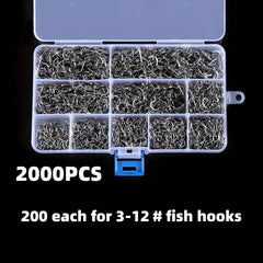 1000-2000pcs High Carbon Fishing Hooks Set Barbed Carp Fishhook Sizes 3-12