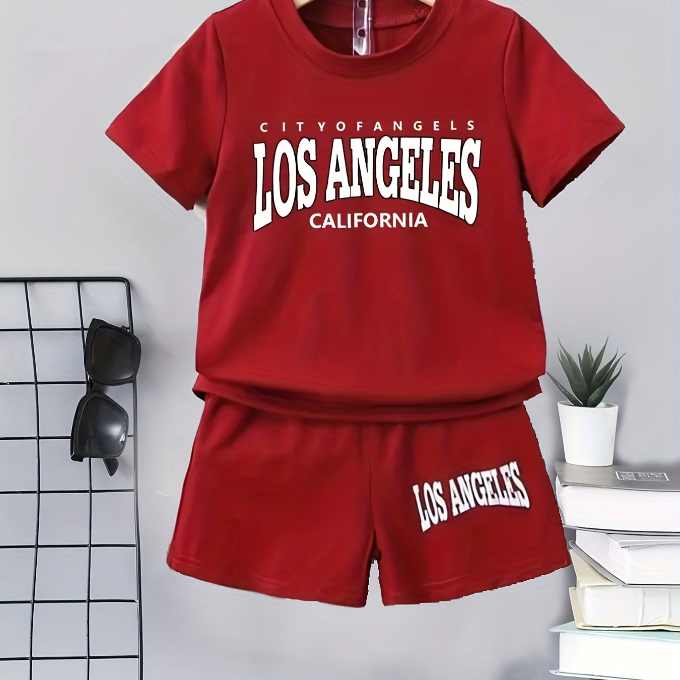 2pcs Boys Casual Short Sleeve Suit Comfy LOS ANGELES Letter Print T shirt&shorts