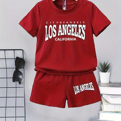 2pcs Boys Casual Short Sleeve Suit Comfy LOS ANGELES Letter Print T shirt&shorts