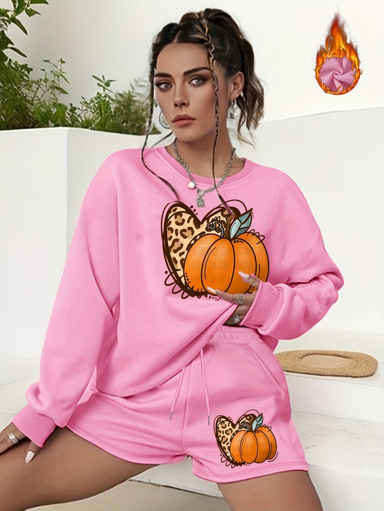 Pumpkin Graphic Print Sweatshirt & Shorts 2pcs Set