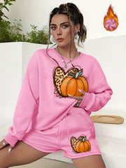 Pumpkin Graphic Print Sweatshirt & Shorts 2pcs Set