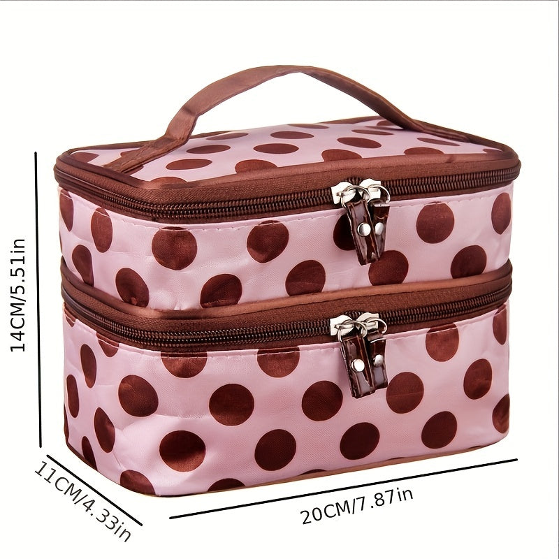 Double Layer Dot Pattern Cosmetic Bag, Waterproof & Durable with Mirror