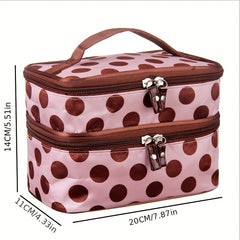 Double Layer Dot Pattern Cosmetic Bag, Waterproof & Durable with Mirror