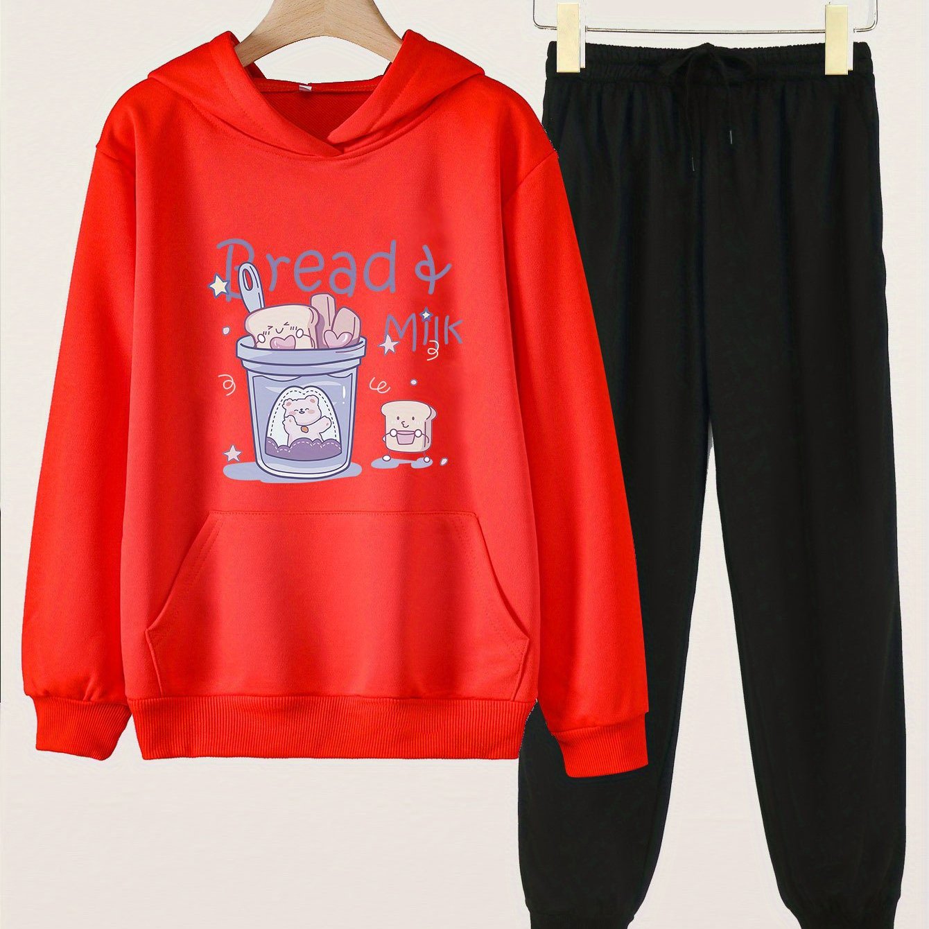 Bread Milk Print Hooded Outfit For Girls Hoodie & Pants Set