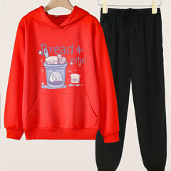 Bread Milk Print Hooded Outfit For Girls Hoodie & Pants Set
