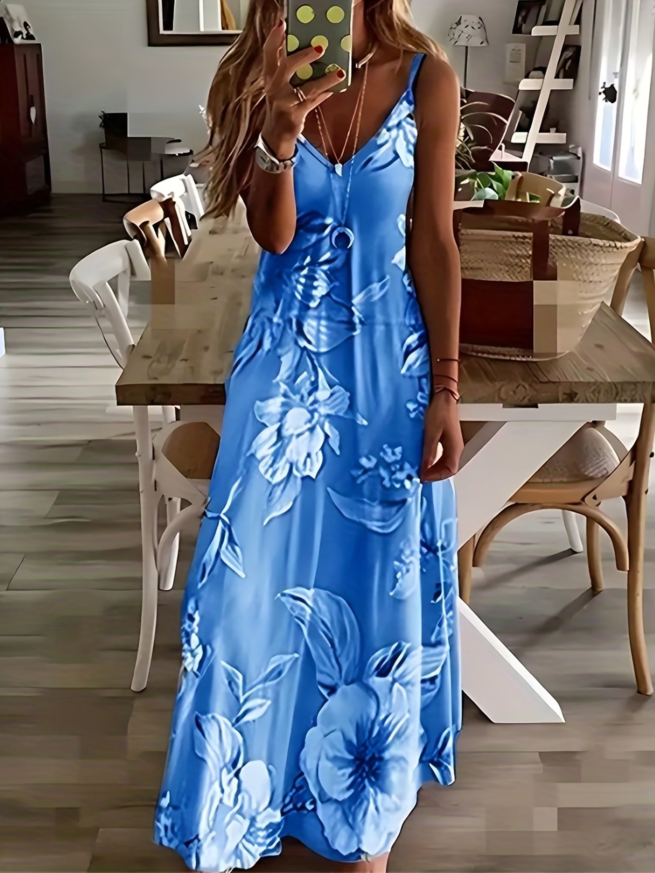 Floral Print Stretch V Neck Maxi Dress