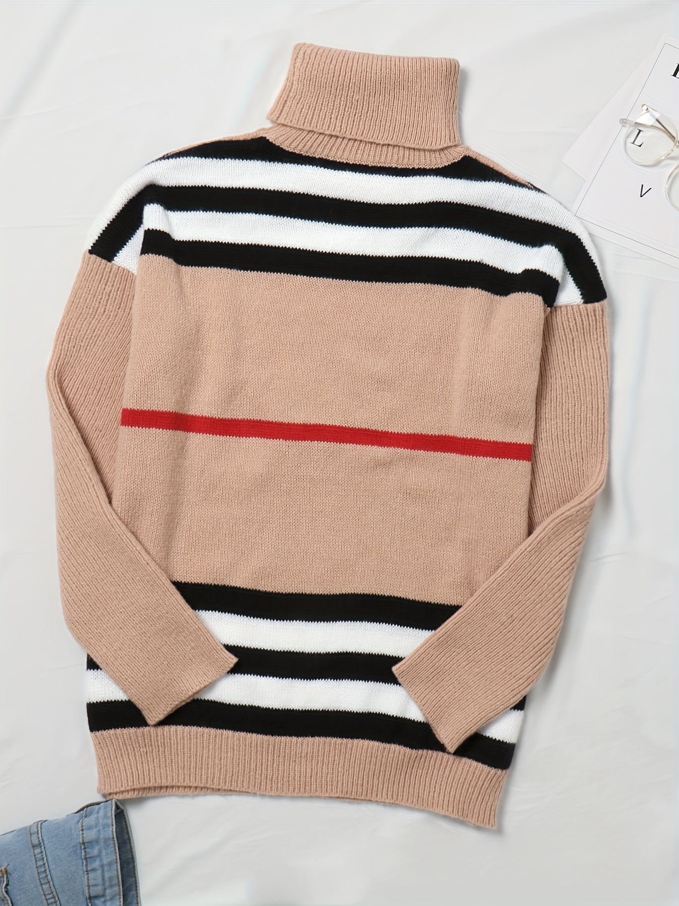 Casual Sweater Women's Plus Colorblock Stripe Print Long Sleeve
