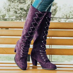 Women's Chunky Heeled Long Boots Lace Up Knee High Boots