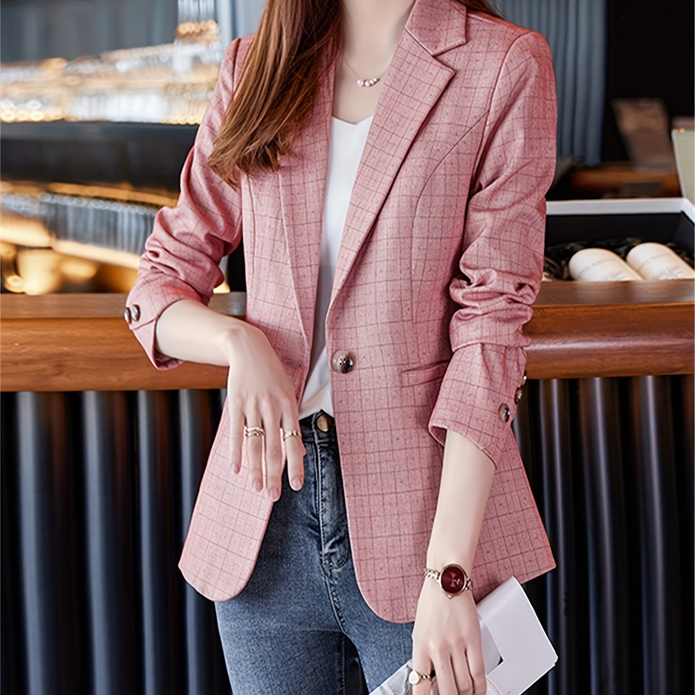 Plaid Pattern Button Front Blazer Lapel Long Sleeve For Office & Work