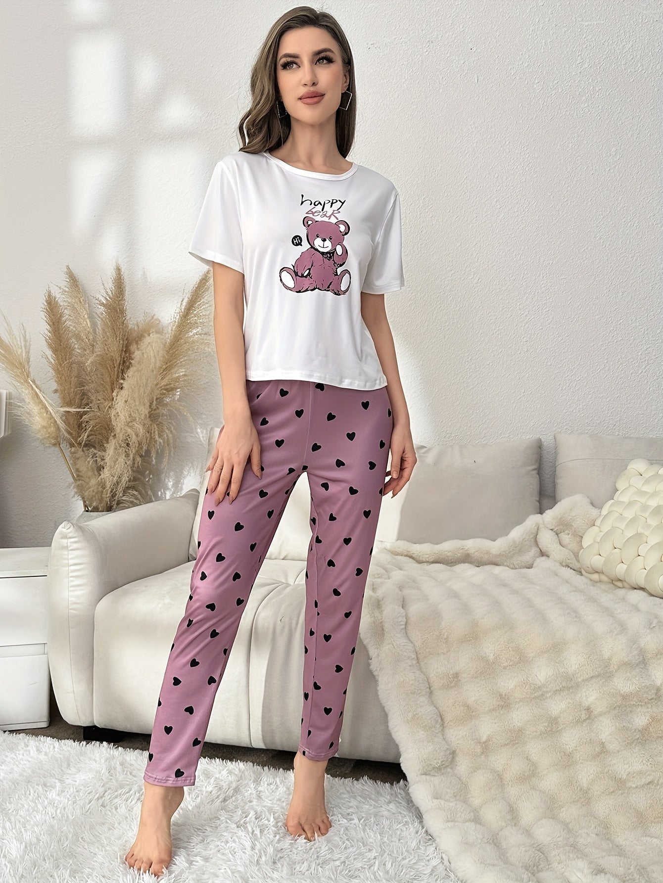 Bear & Letter Print Pajama Set Short Sleeve Top & Pants Women's Sleepwear