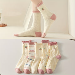 5 Pairs Fruit Print Socks Ruffle Curling Stockings