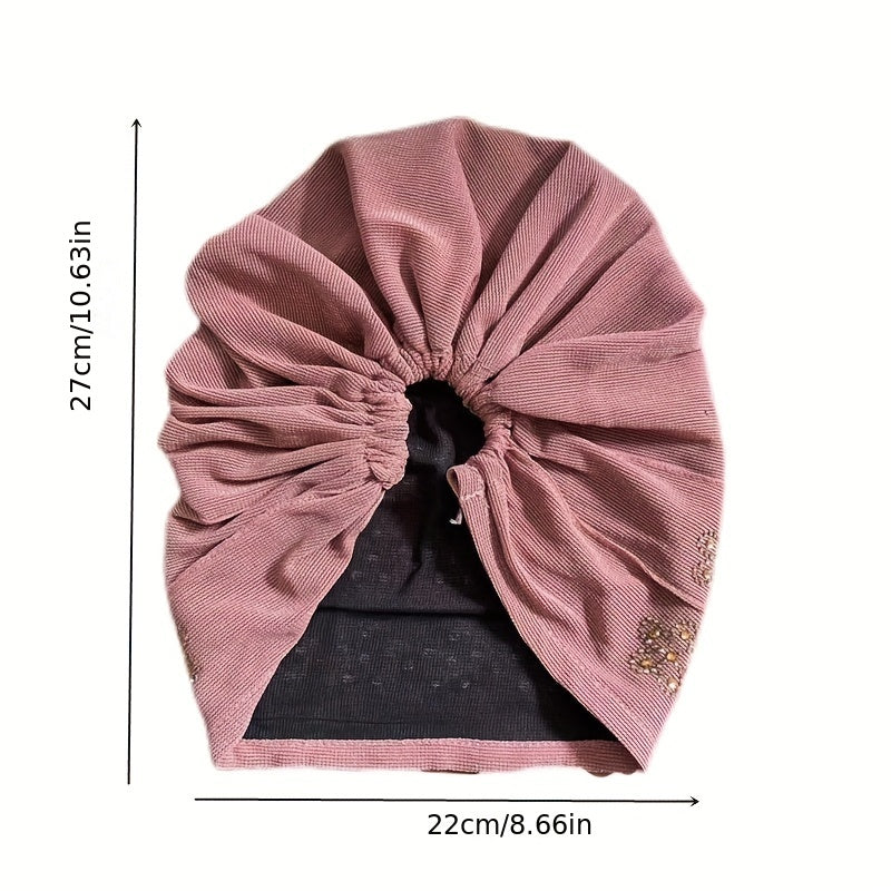 Rhinestone Flower Decor Beanie Turban Cap Slouchy Head Wrap