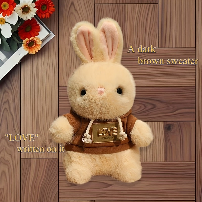 11.81In Plush Rabbit Doll Round Body Light Beige Fur Pink Ears Brown Hoodie