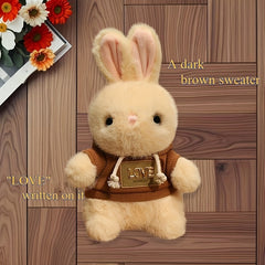 11.81In Plush Rabbit Doll Round Body Light Beige Fur Pink Ears Brown Hoodie