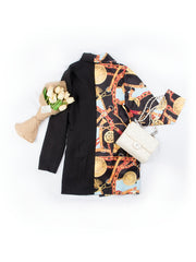 Chain Print Splicing Blazer Jacket Lapel Double Breast Outerwear