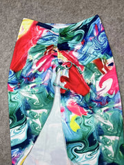 Colorful Print One Piece Swimsuit with High Low Cover Up Dress Women's
