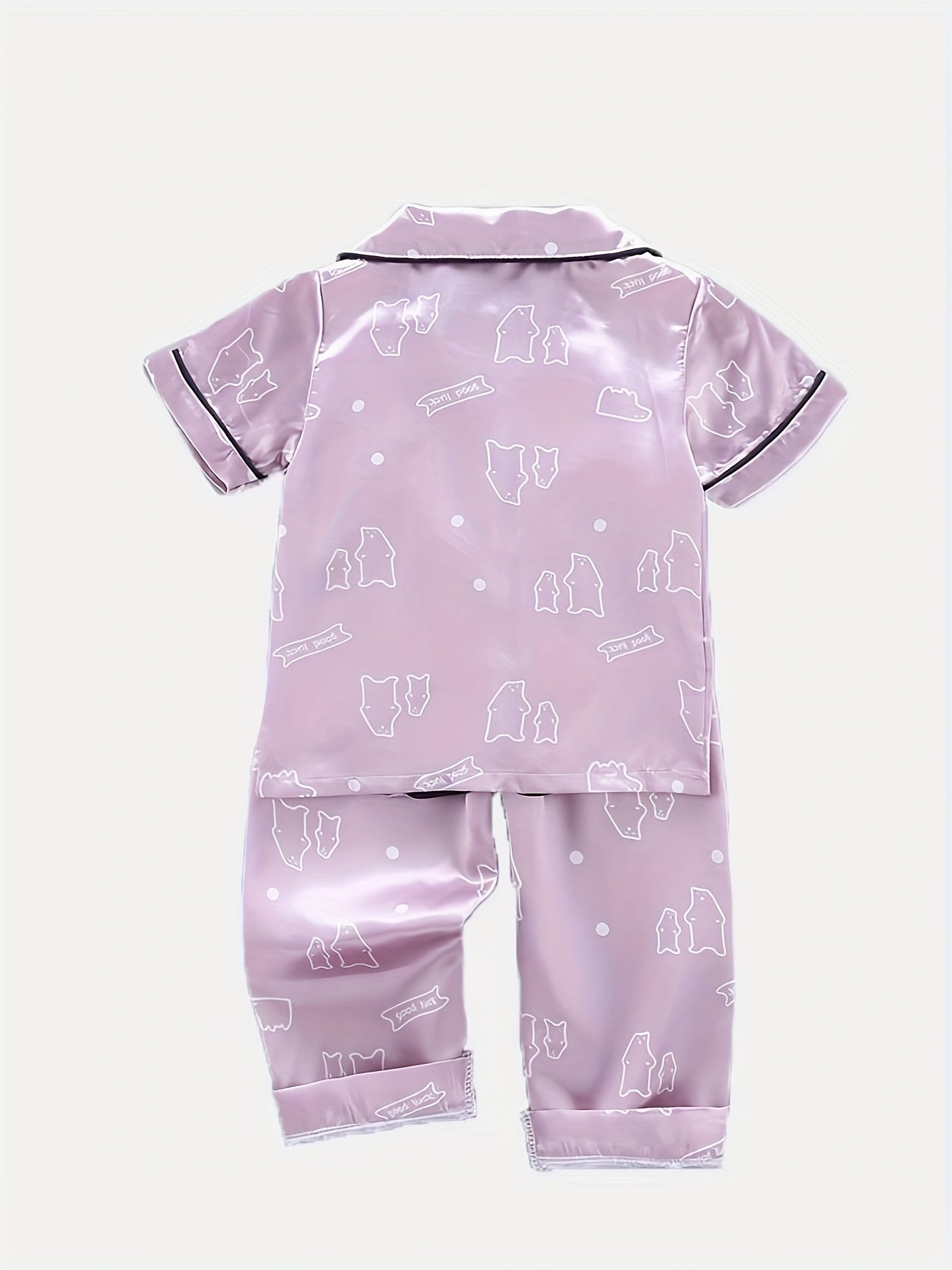 2pcs Bear Pattern Kid's Satin Pajamas Set Short Sleeve Button Front Top & Pants