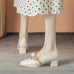 Chunky Heel Mary Jane Knot Band Slip On Mid Heel Dress Shoes