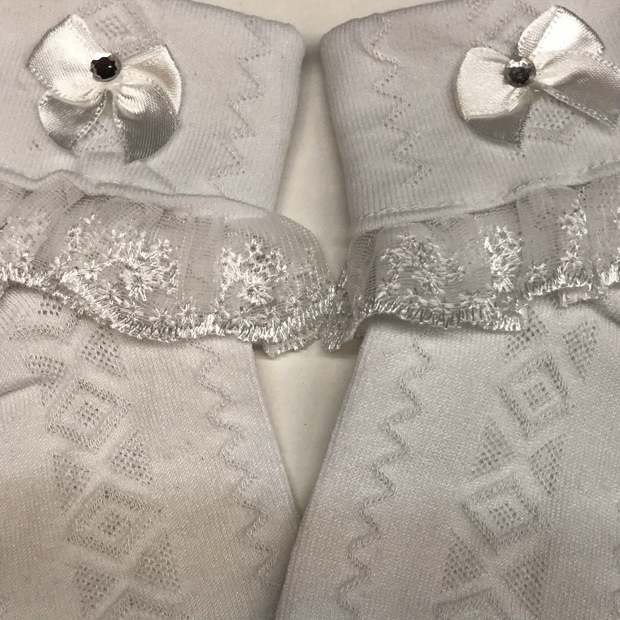 Girls Lace Brim Socks w/ Rhinestone Bow, Soft Elastic Princess Crew Socks