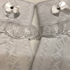 Girls Lace Brim Socks w/ Rhinestone Bow, Soft Elastic Princess Crew Socks