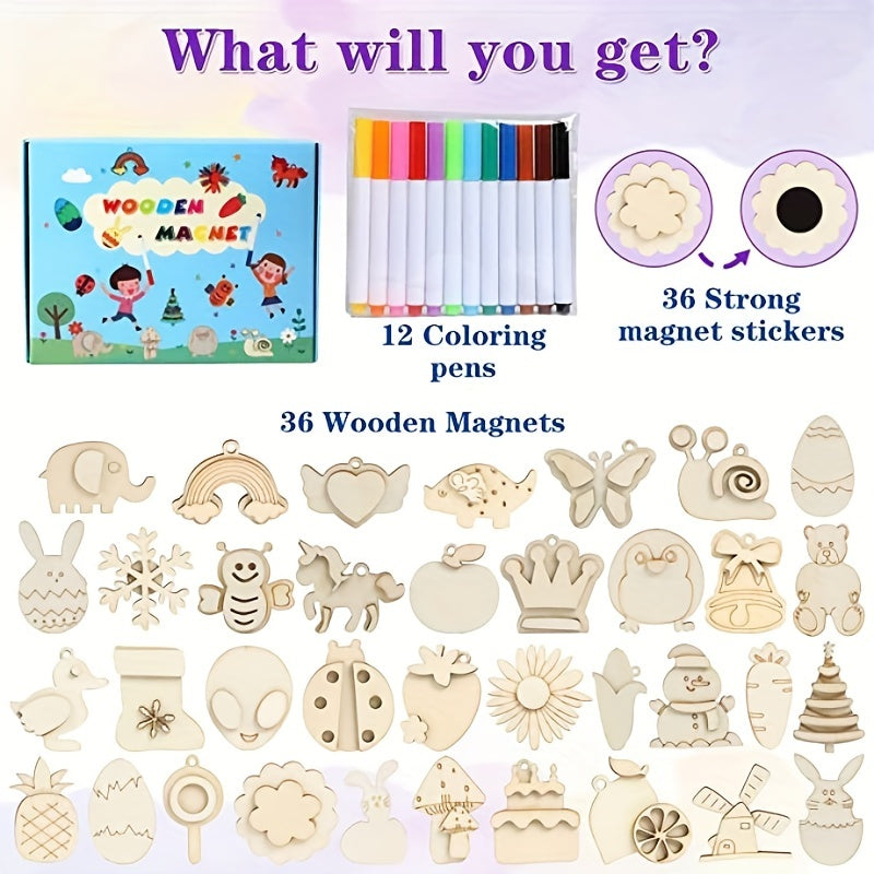 36pcs Wooden Magnets Kids Art Craft Party Birthday Gift Favors Easter Crafts