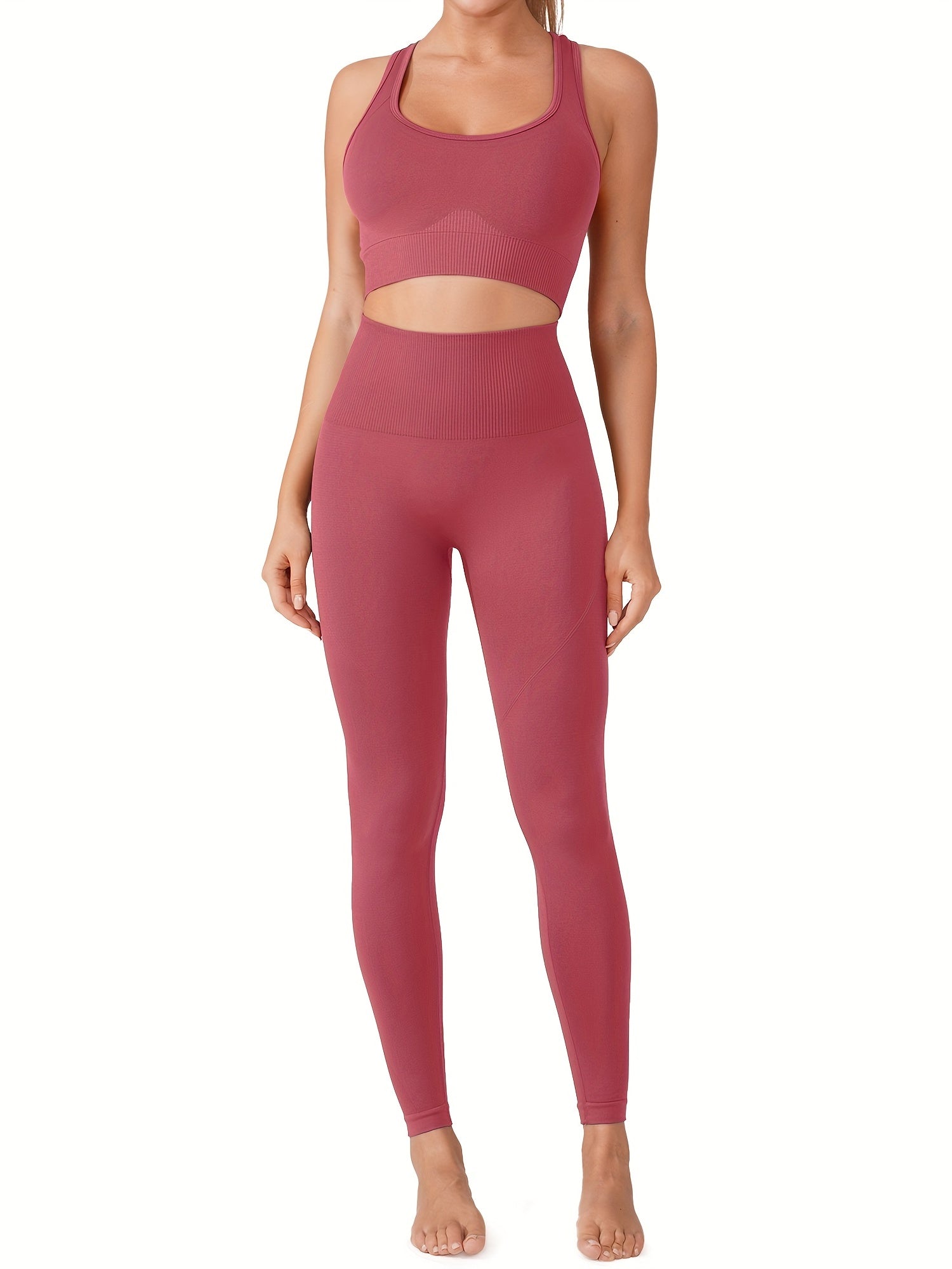 Solid Yoga Set Crop Top & Legging Sports Suit Women's Activewear