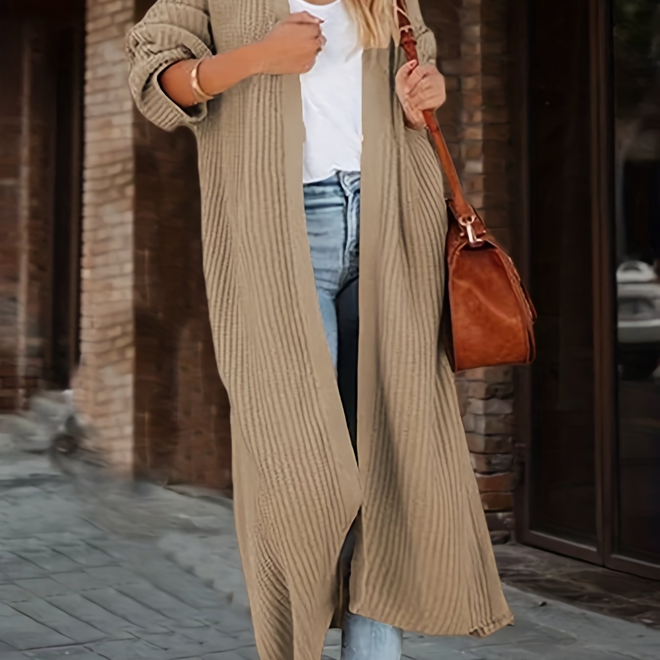 Solid Ribbed Long Sleeve Open Front Knitted Cardigan