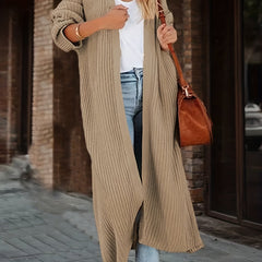 Solid Ribbed Long Sleeve Open Front Knitted Cardigan