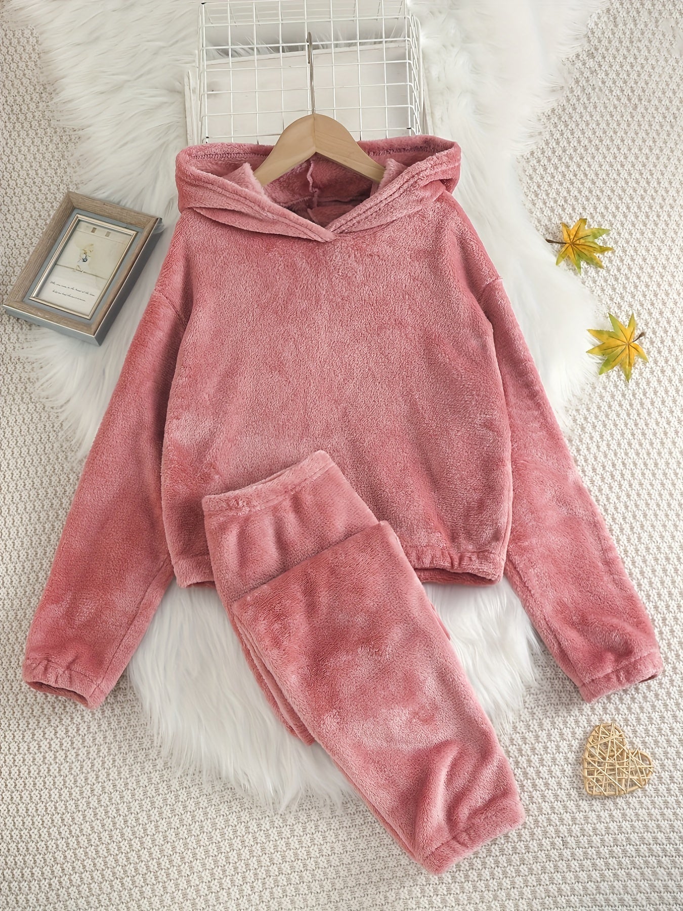 Girls Fleece Pajamas Set, Hoodie Top & Pants, Long Sleeve, Warm Lounge