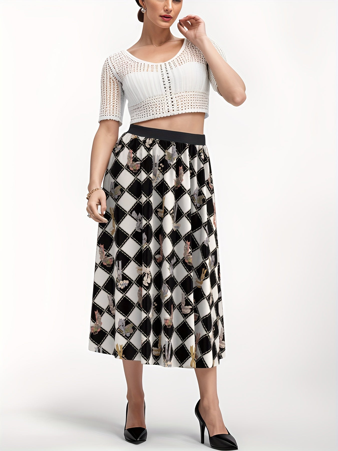 Flower Basket & Argyle Print Maxi Skirt