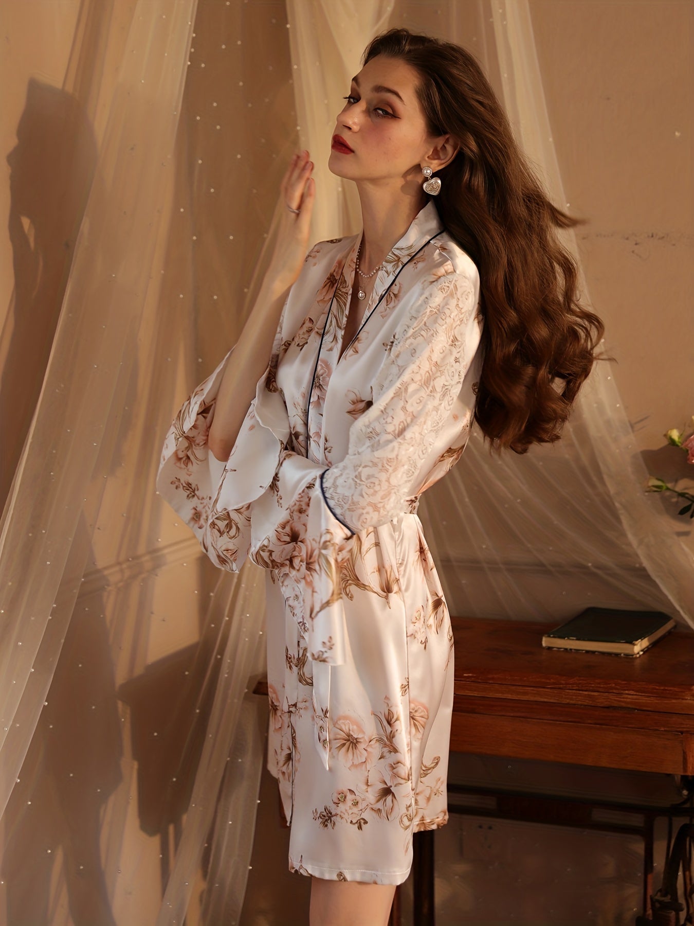 Floral Print Satin Night Robe Lace Sleeve V Neck House Robe Women's Sleepwear