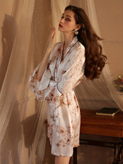 Floral Print Satin Night Robe Lace Sleeve V Neck House Robe Women's Sleepwear
