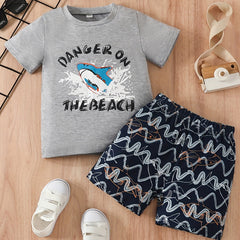 Boys Shark Graphic Outfit Round Neck T shirt & Shorts Kids Summer Clothing