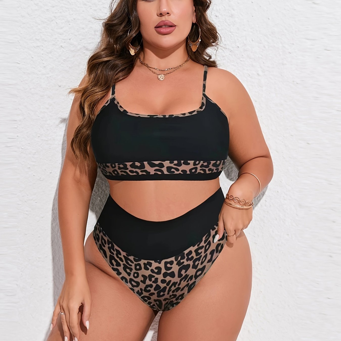 Leopard Print Bikini Set Women's Scoop Neck Swimsuit Two Piece
