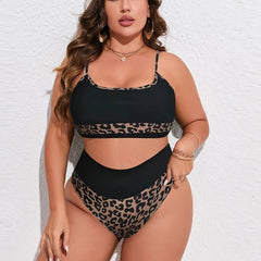 Leopard Print Bikini Set Women's Scoop Neck Swimsuit Two Piece