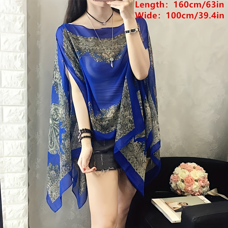 Paisley Print Chiffon Shawl Oversized Sunproof Bikini Cover Up
