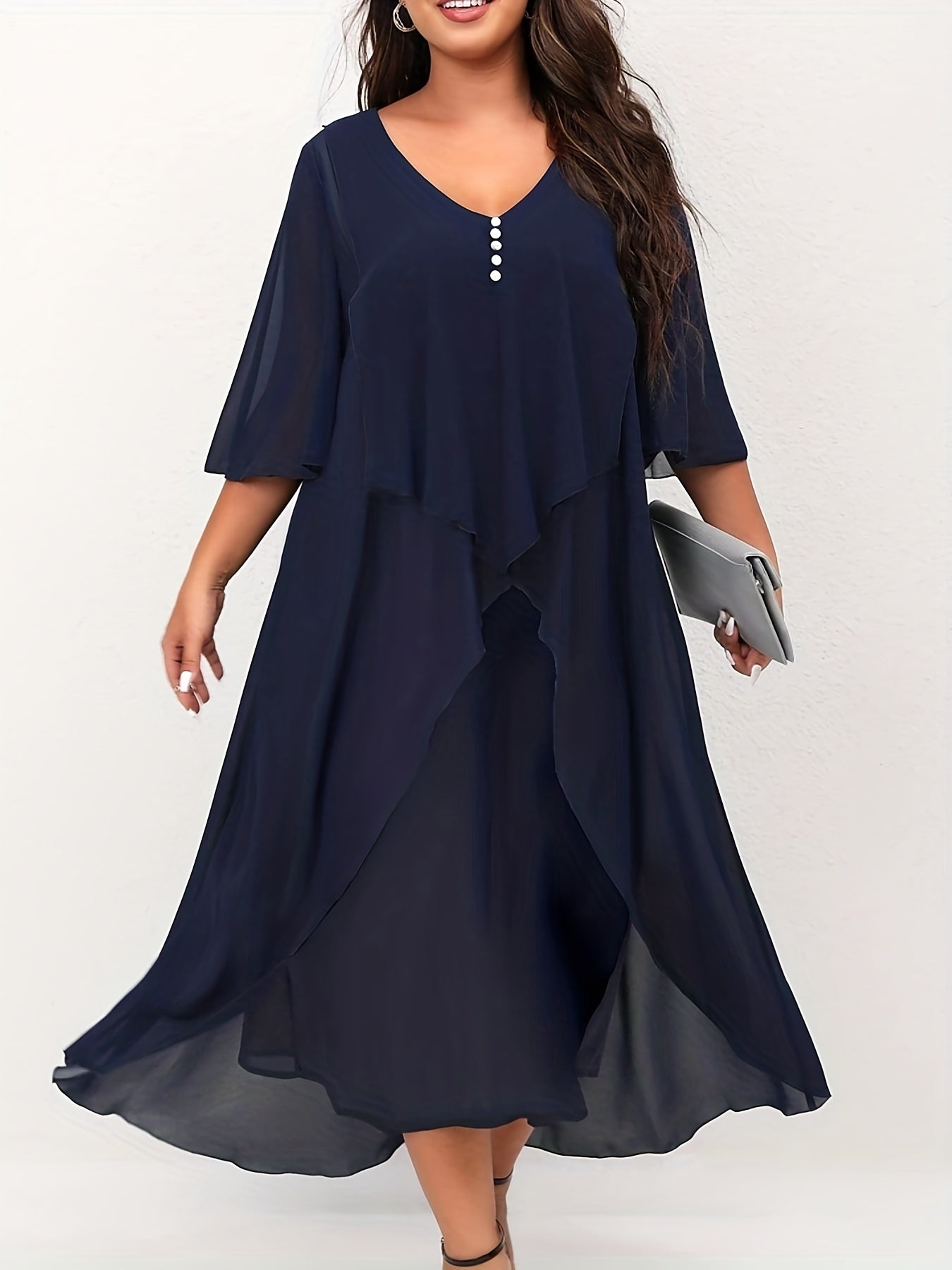 Button Decor Layered Half Sleeve Cloak Event Dress