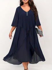 Button Decor Layered Half Sleeve Cloak Event Dress