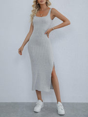 Split Ribbed Dress Sexy Solid Squared Neck Sleeveless Maxi Dress