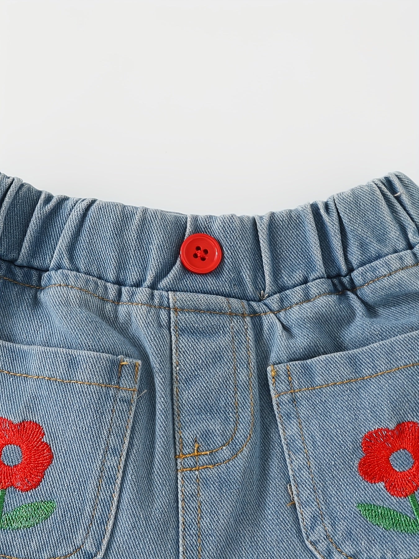 Toddler Girls Flower Embroidered Shorts Elastic Waist Button Casual Denim