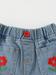 Toddler Girls Flower Embroidered Shorts Elastic Waist Button Casual Denim