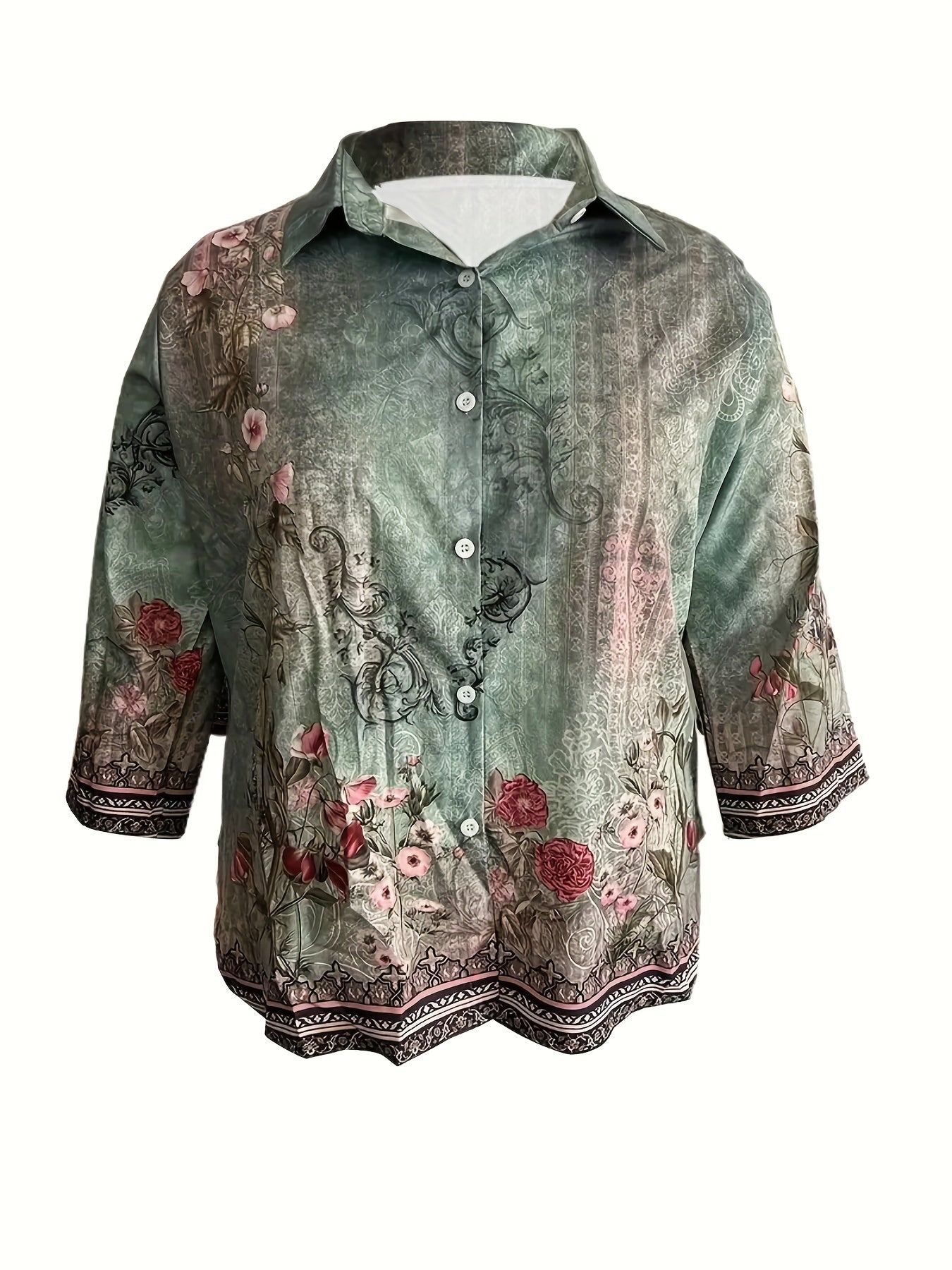 Floral Border Print Long Sleeve Lapel Collar Button Up Blouse