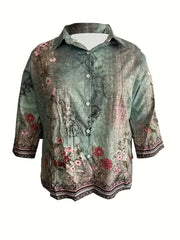 Floral Border Print Long Sleeve Lapel Collar Button Up Blouse