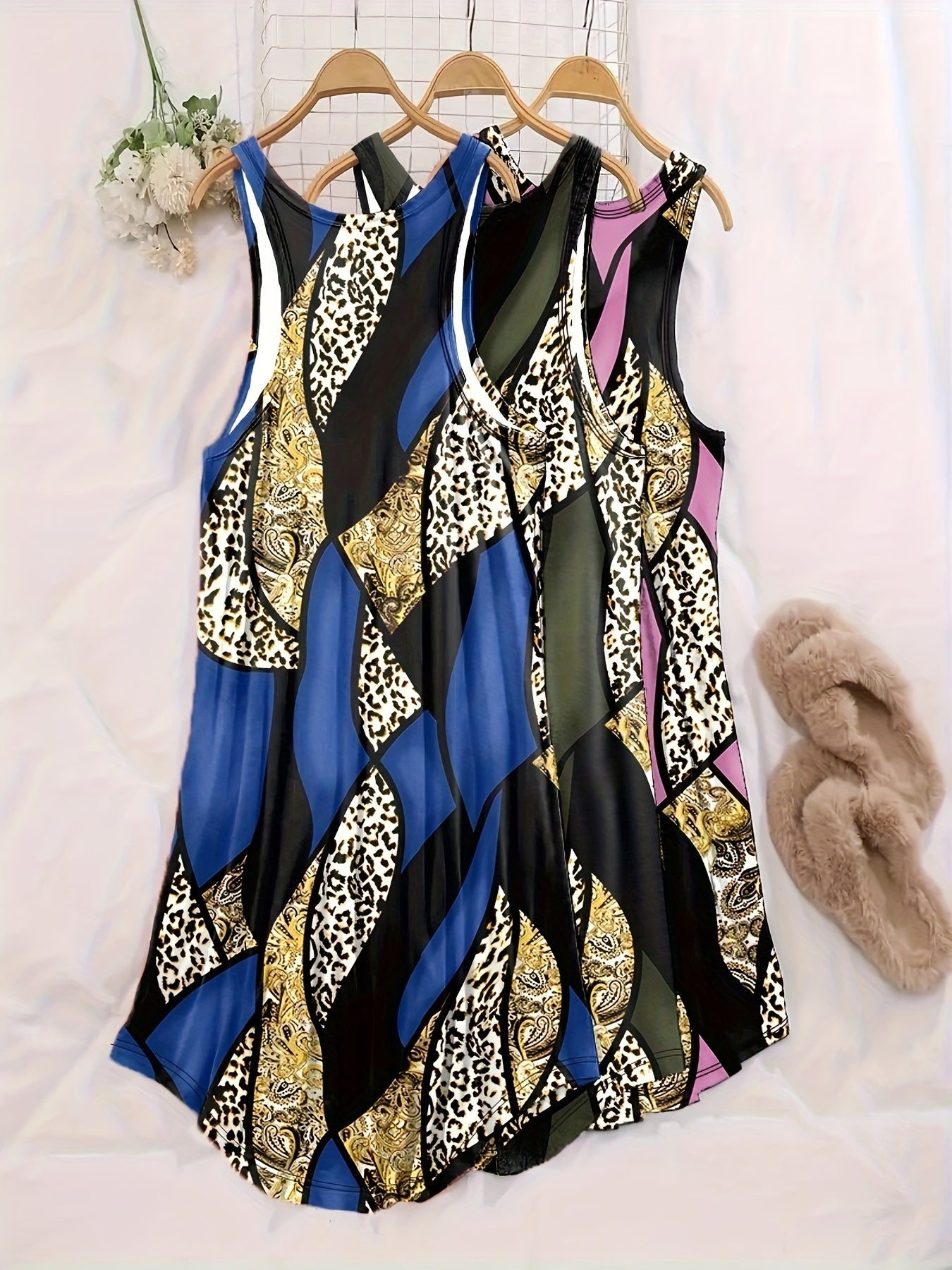 3 PC Plus Size Retro Loungewear Dress Set Leopard & Paisley Print